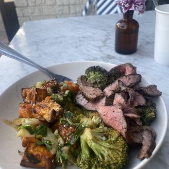 Flower Child - Entree with steak, sweet potato, and roasted broccoli Recommend for a healthier option on the go! - Salad Near Me - Del Mar, California Flower Child - Entree with steak, sweet potato, and roasted broccoli Recommend for a healthier option on the go! - Salad Near Me - Del Mar, California