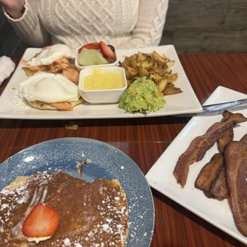 London Cafe - Pancake, bacon and salmon Benedict. - Breakfast & Brunch Near Me - Houston, Texas