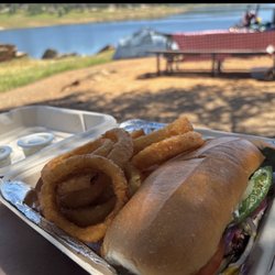 Chevron - Hot Roast Beef sandwich with onion rings