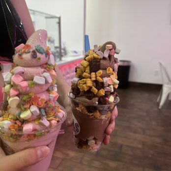Swirls Soft Serve - broadway is the pink and the choc is custom - Ice Cream & Frozen Yogurt Near Me - Upland, California Swirls Soft Serve - broadway is the pink and the choc is custom - Ice Cream & Frozen Yogurt Near Me - Upland, California