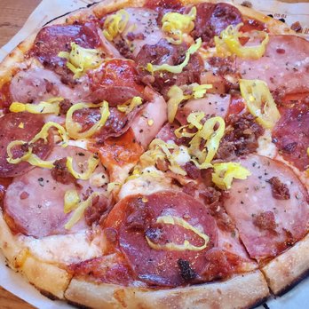 Blaze Pizza - Original crust with pepperoni salami ham applewood bacon and banana peppers - Salad Near Me - Henderson, Nevada