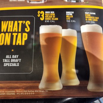 Buffalo Wild Wings - An absolute scam. Menu clearly shows 3 beers at $3 each, but the Miller Light is almost $10. Inexcusable scam. - Chicken Wings Near Me - Atlanta, Georgia Buffalo Wild Wings - An absolute scam. Menu clearly shows 3 beers at $3 each, but the Miller Light is almost $10. Inexcusable scam. - Chicken Wings Near Me - Atlanta, Georgia