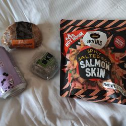 Island Country Markets - Boba drink, chicken katsu musubi, red bean bun, and salmon skin chips