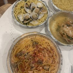 Linguini and Clams, Spaghetti Carbonara, Chicken Piccata Plate with Spaghetti Alfredo Linguini and Clams, Spaghetti Carbonara, Chicken Piccata Plate with Spaghetti Alfredo