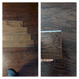 Inaccurate color depiction: Left:wood floor (lighter) against my current floor Right: sample from Lowe's against current wood floor Inaccurate color depiction: Left:wood floor (lighter) against my current floor Right: sample from Lowe's against current wood floor