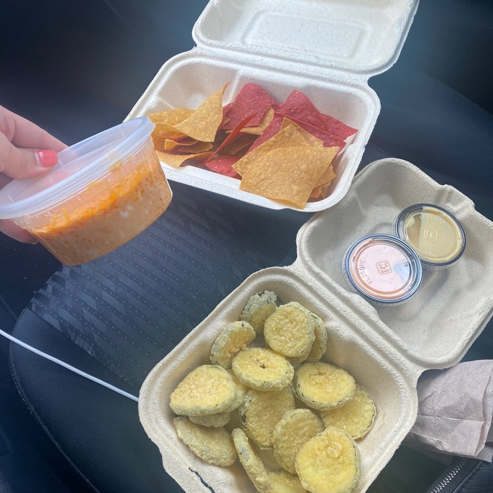 110 Grill - Buffalo chicken dip and chips Fried pickles with spicy aioli and honey mustard sauce - New American Near Me - Poughkeepsie, New York