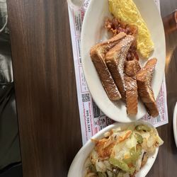 Pinky's Family Restaurant - 2-2-2 and a side of homefries with peppers and onions.