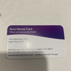 Aura Dental Care - Front side of appointment card