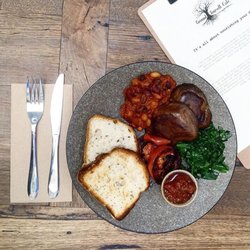 Vegan Big Breakfast: House Beans, Organic Greens, Slow Roasted Tomatoes, Mushrooms, Relish and Gluten Free Toast