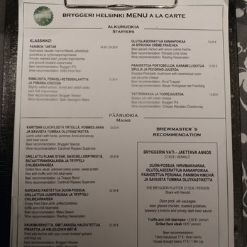 Bryggeri - Page one of the dinner menu at Bryggeri - Breweries Near Me - Helsinki, 18 Bryggeri - Page one of the dinner menu at Bryggeri - Breweries Near Me - Helsinki, 18