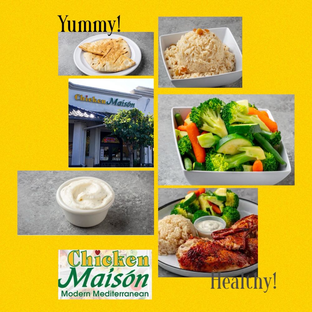 Pita Bread, Maison Rice, Broccoli Medley, Garlic Sauce & Yummy Original Rotisserie Chicken Pita Bread, Maison Rice, Broccoli Medley, Garlic Sauce & Yummy Original Rotisserie Chicken