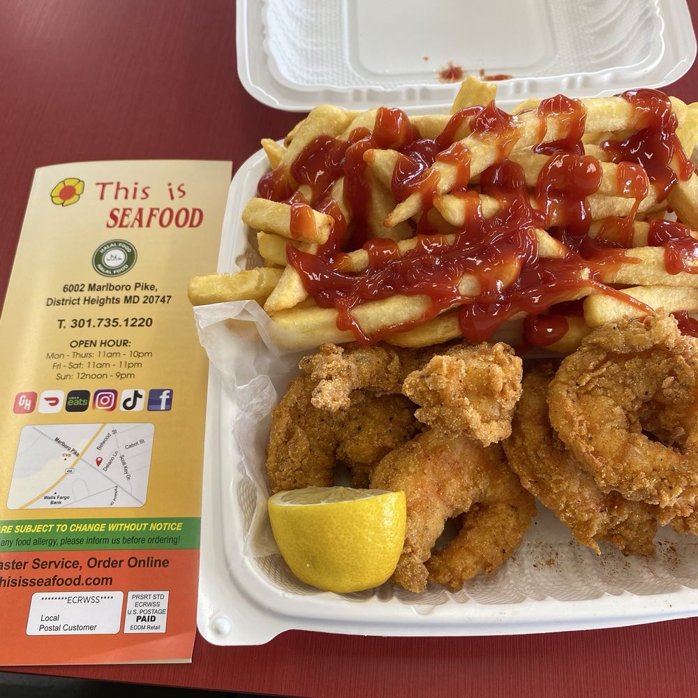 This is SEAFOOD - Fried jumbo shrimp with fries, lemon wedge & menu - Seafood Near Me - District Heights, Maryland This is SEAFOOD - Fried jumbo shrimp with fries, lemon wedge & menu - Seafood Near Me - District Heights, Maryland