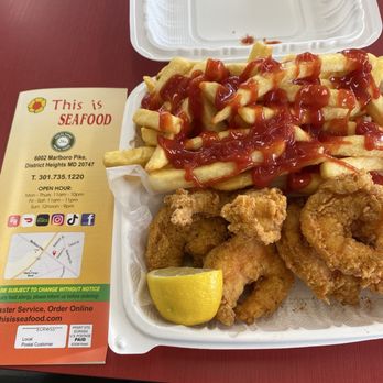 This is SEAFOOD - Fried jumbo shrimp with fries, lemon wedge & menu - Seafood Near Me - District Heights, Maryland This is SEAFOOD - Fried jumbo shrimp with fries, lemon wedge & menu - Seafood Near Me - District Heights, Maryland