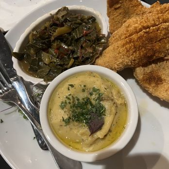 Noir Kitchen & Cocktails - Cajun catfish, garlic mashed potatoes, and collard greens! - Soul Food Near Me - Nashville, Tennessee