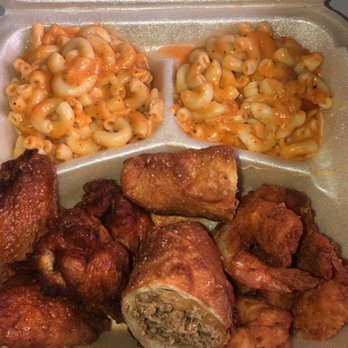 Shell's Kitchen - Wing and shrimp plate with double Mac and Philly cheesesteak egg roll - Food Trucks Near Me Shell's Kitchen - Wing and shrimp plate with double Mac and Philly cheesesteak egg roll - Food Trucks Near Me