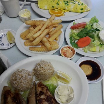 Sam Sato's - Breaded Mahi, veggie omelet, fries - Bakeries Near Me - Wailuku, Hawaii Sam Sato's - Breaded Mahi, veggie omelet, fries - Bakeries Near Me - Wailuku, Hawaii