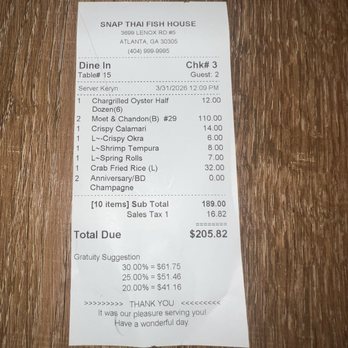 Snap Thai Fish House - The bill on our first visit - Thai Near Me - Atlanta, Georgia Snap Thai Fish House - The bill on our first visit - Thai Near Me - Atlanta, Georgia