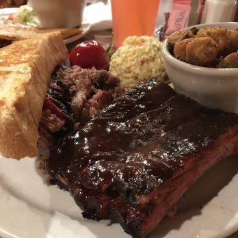 Danny's Place - Mixed plate (brisket and ribs) with potato salad and fried okra - Barbeque Near Me - Carlsbad, New Mexico