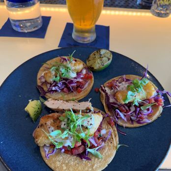 Vistal Restaurant - Halibut Fish Tacos and Pure Brewing Rain Pilsner. - Seafood Near Me - San Diego, California Vistal Restaurant - Halibut Fish Tacos and Pure Brewing Rain Pilsner. - Seafood Near Me - San Diego, California