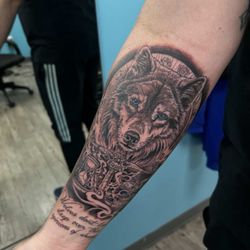 Ink House Tattoos - Wolf , Libra scale , hourglass and skull