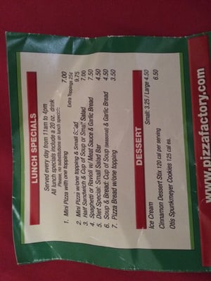 Menu photo 7 Pizza Factory Three Rivers, CA Menu photo 7 Pizza Factory Three Rivers, CA
