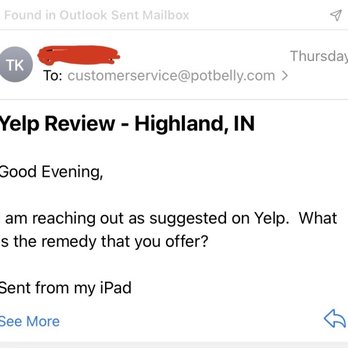 Potbelly - Initial contact to corporate office as they requested....no response #1 - Sandwiches Near Me - Highland, Indiana Potbelly - Initial contact to corporate office as they requested....no response #1 - Sandwiches Near Me - Highland, Indiana