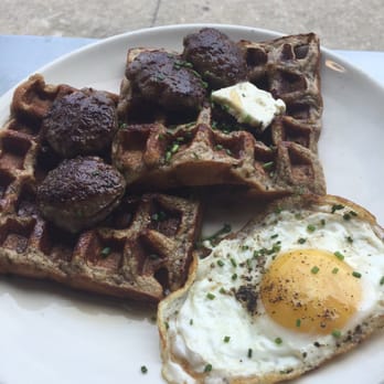 Commune - Cornmeal waffle w/ sausage & sunny side up egg - Cafes Near Me - Virginia Beach, Virginia Commune - Cornmeal waffle w/ sausage & sunny side up egg - Cafes Near Me - Virginia Beach, Virginia