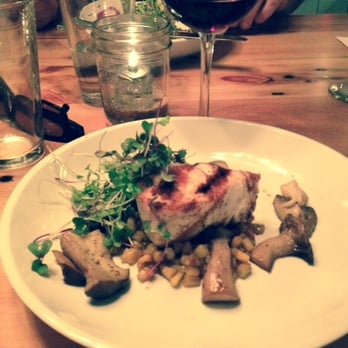 Dancing Marlin - Ginger-glazed Hawaiian ono, with smoked summer corn, trumptet mushrooms, and miso sesame vinaigrette. - New American Near Me - Frankfort, Illinois