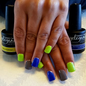 Nails by Laura - Tammy Taylor sculptured nails with TT gelegance polish. Colors used are Electric sky, Chateau taupe, Hello sunshine, Living it up. - Nail Salons Near Me - Terre Haute, Indiana