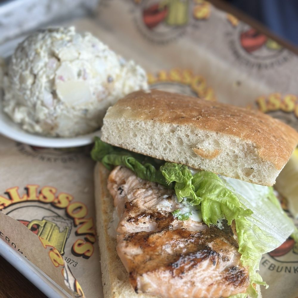 Alisson's Restaurant - Salmon focaccia sandwich with the deviled egg potato salad. Delicious! - Seafood Near Me - Kennebunkport, Maine