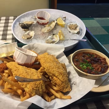 Flying Fish - I put a hurting on this place baby! Catfish, jumbo shrimp, hush puppies, fries, oysters and Borracho Beans & Rice Yum! - Seafood Near Me - Arlington, Texas