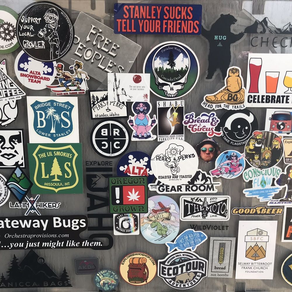 Peaks and Perks - a refrigerator covered in stickers - Bagels Near Me - Stanley, Idaho Peaks and Perks - a refrigerator covered in stickers - Bagels Near Me - Stanley, Idaho