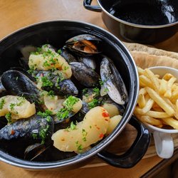 The Douglas Hotel - Cider and Spiced Apple Mussels w/ Skinny Fries and Grilled Bread