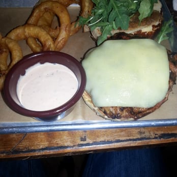 Vinsetta Garage - duck burger with a side o' onion rings and tomato aioli - American Near Me - Berkley, Michigan