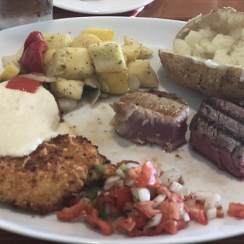 Basnight's Lone Cedar Cafe - Mixed Grill (sorry, I ate some). Parm breaded chicken, petite filet, and grilled yellowfin tuna. - Seafood Near Me - Nags Head, North Carolina Basnight's Lone Cedar Cafe - Mixed Grill (sorry, I ate some). Parm breaded chicken, petite filet, and grilled yellowfin tuna. - Seafood Near Me - Nags Head, North Carolina