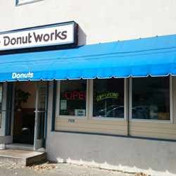 Donut Works - The Donut Works. Cash only signs everywhere.