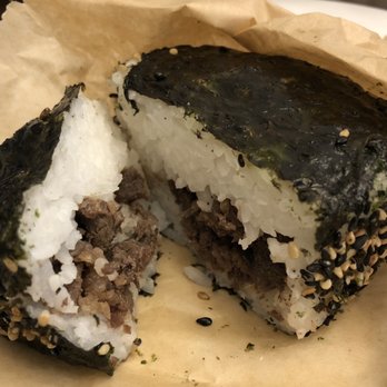 SnowBall RiceBall - Beef onigiri sliced to show generous beef filling - Desserts Near Me - Austin, Texas