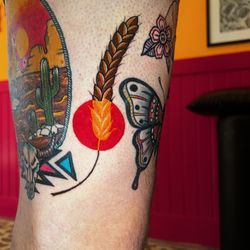 Wrapped In Plastic Ink - American traditional leg sleeve detail by Mandi at Wrapped in Plastic INK, Costa Mesa, CA. Bold color, clean linework.