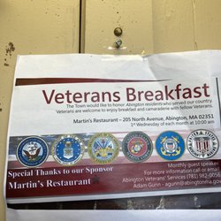 Martin's Restaurant - This is veterans breakfast its every month. Let's support a great restaurant who supports those who serve.