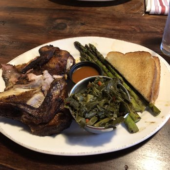 BowTie Barbecue - Half barbecue chicken with collard greens and asparagus - Southern Near Me - Savannah, Georgia
