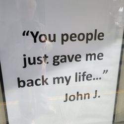 Lions Low Vision Center - Window sign says "you people just gave me back my life . . ."