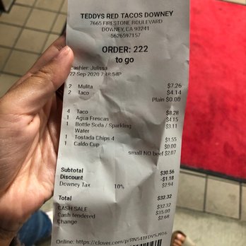 Teddy's Red Tacos - My receipt - Tacos Near Me - Whittier, California