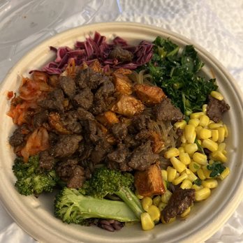 BIBIBOP Asian Grill - Purple rice. Sweet potato noodle. Kimuch I. Kale. Corn. Broccoli. Half spicy chicken and half beef - Asian Fusion Near Me - Beachwood, Ohio BIBIBOP Asian Grill - Purple rice. Sweet potato noodle. Kimuch I. Kale. Corn. Broccoli. Half spicy chicken and half beef - Asian Fusion Near Me - Beachwood, Ohio