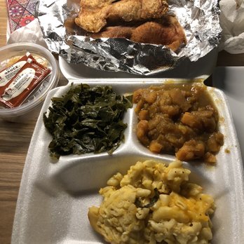 Ham Bonz Soul Food - The Fried POKE CHOPS with 3 sides, Mac n cheese, collard greens and candied yams. My bonus was a slice of pie! Yummers - Soul Food Near Me - Bastrop, Texas Ham Bonz Soul Food - The Fried POKE CHOPS with 3 sides, Mac n cheese, collard greens and candied yams. My bonus was a slice of pie! Yummers - Soul Food Near Me - Bastrop, Texas