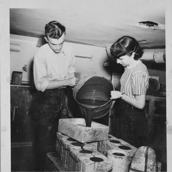 Peter Pots Pottery - Oliver Greene and Mary Ryan casting slip into molds by hand (c. 1948). - Tableware Near Me - West Kingston, Rhode Island Peter Pots Pottery - Oliver Greene and Mary Ryan casting slip into molds by hand (c. 1948). - Tableware Near Me - West Kingston, Rhode Island