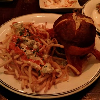 ProAbition - Bootlegger Burger (cheddar, onion rings and house made bbq sauce) and blue cheese fries - New American Near Me - Riverside, California ProAbition - Bootlegger Burger (cheddar, onion rings and house made bbq sauce) and blue cheese fries - New American Near Me - Riverside, California