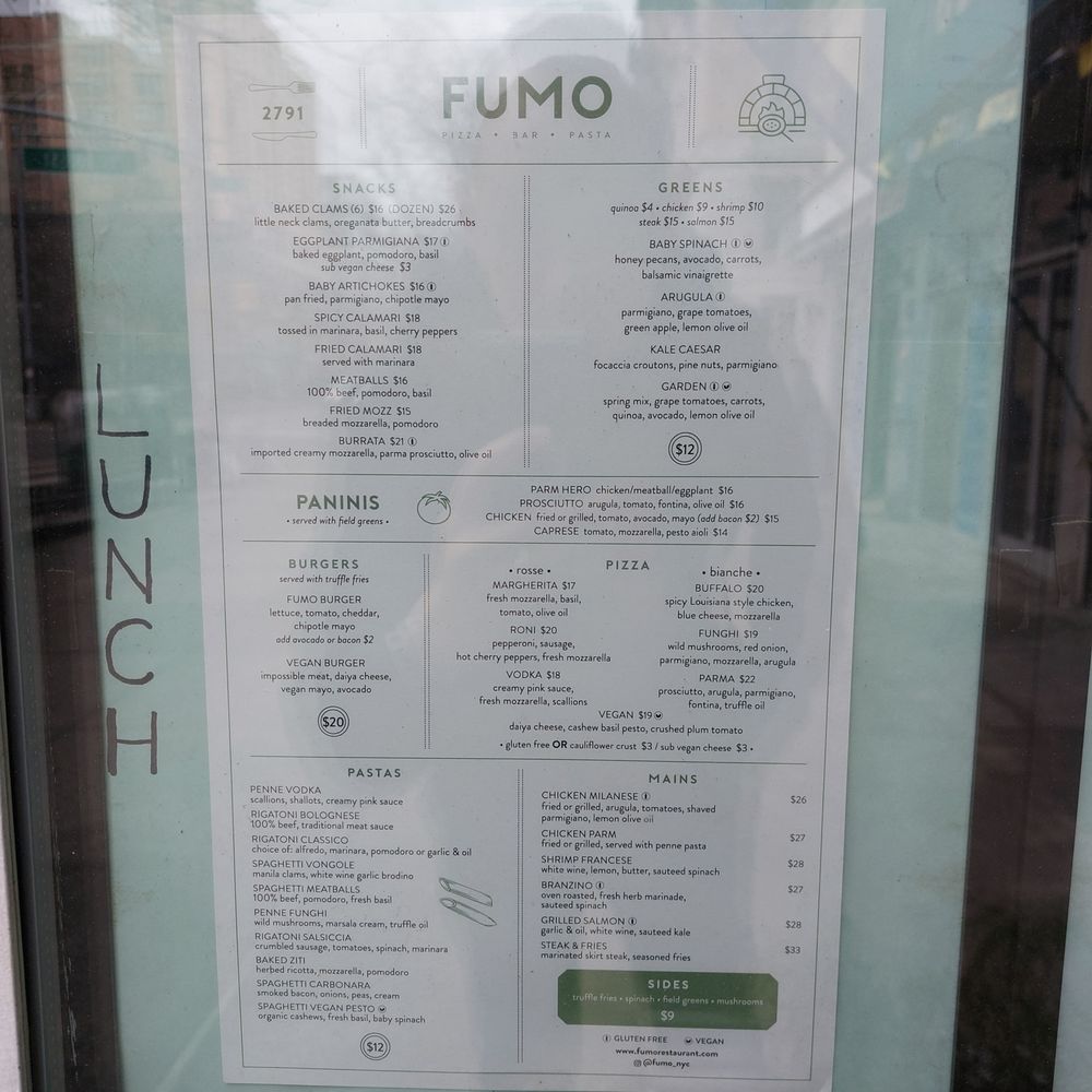 Fumo - Lunch Menu - January 2025 - Italian Near Me - New York, New York