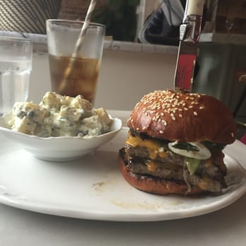 Kindred Restaurant - Grass fed beef burger with a side of potato salad - New American Near Me - Davidson, North Carolina