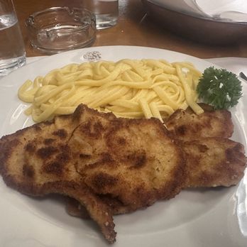 Restaurant Walliser Kanne - Veal schnitzel with noodles - Swiss Food Near Me - Basel, BS