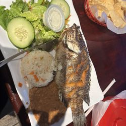 El Cevichazo - Fried Talapia with rice beans and side salad